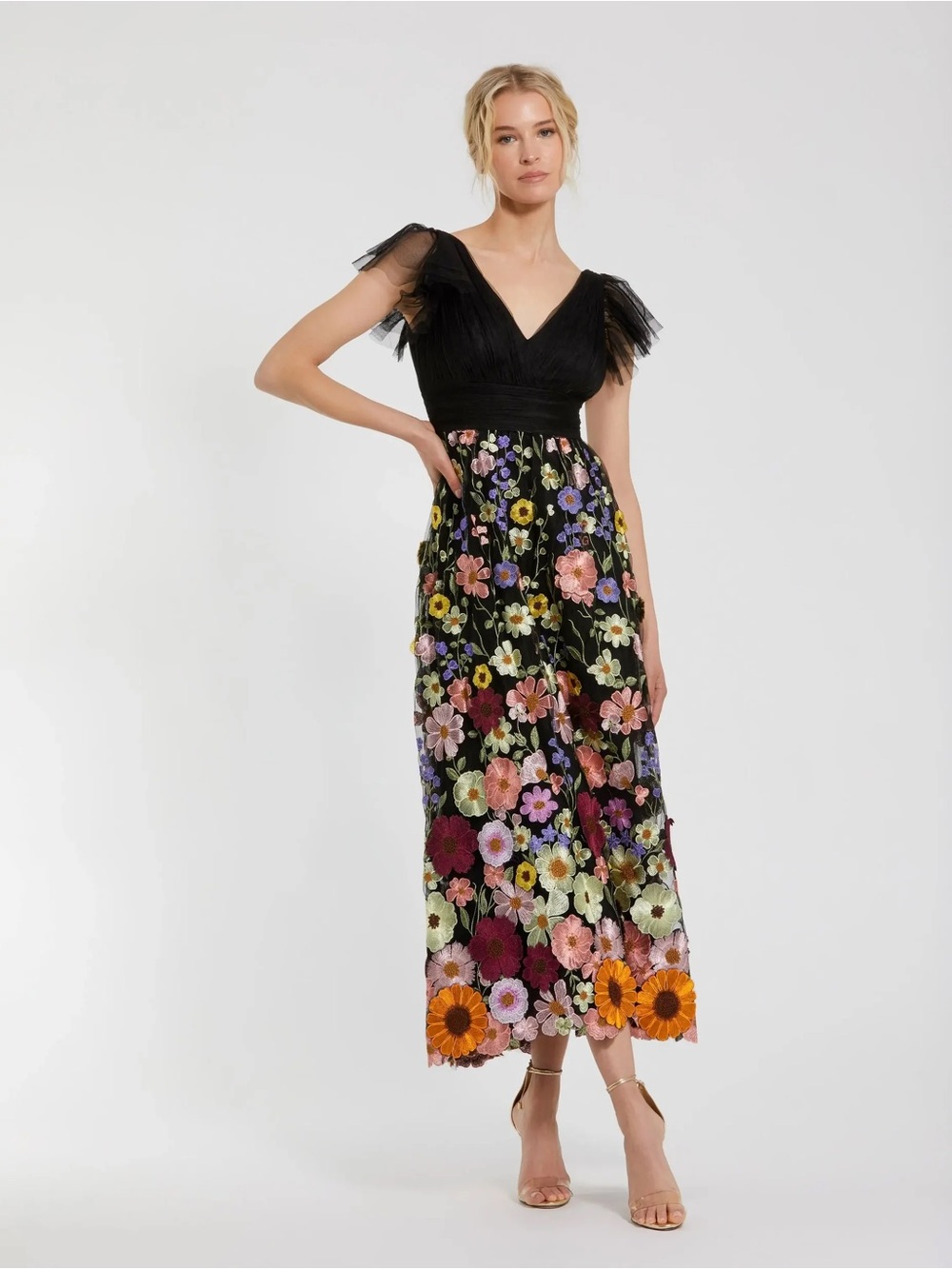 Mac Duggal 68204 Black Multicolor Embroidered Flutter Sleeve Dress sz 6 NEW
